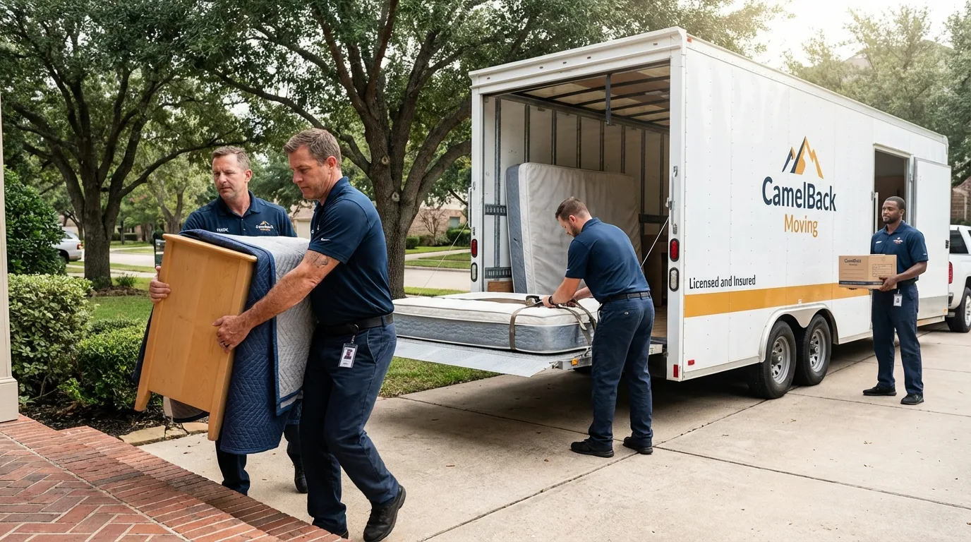 Crew loading residential truck for cross-state move from Mendon, MA