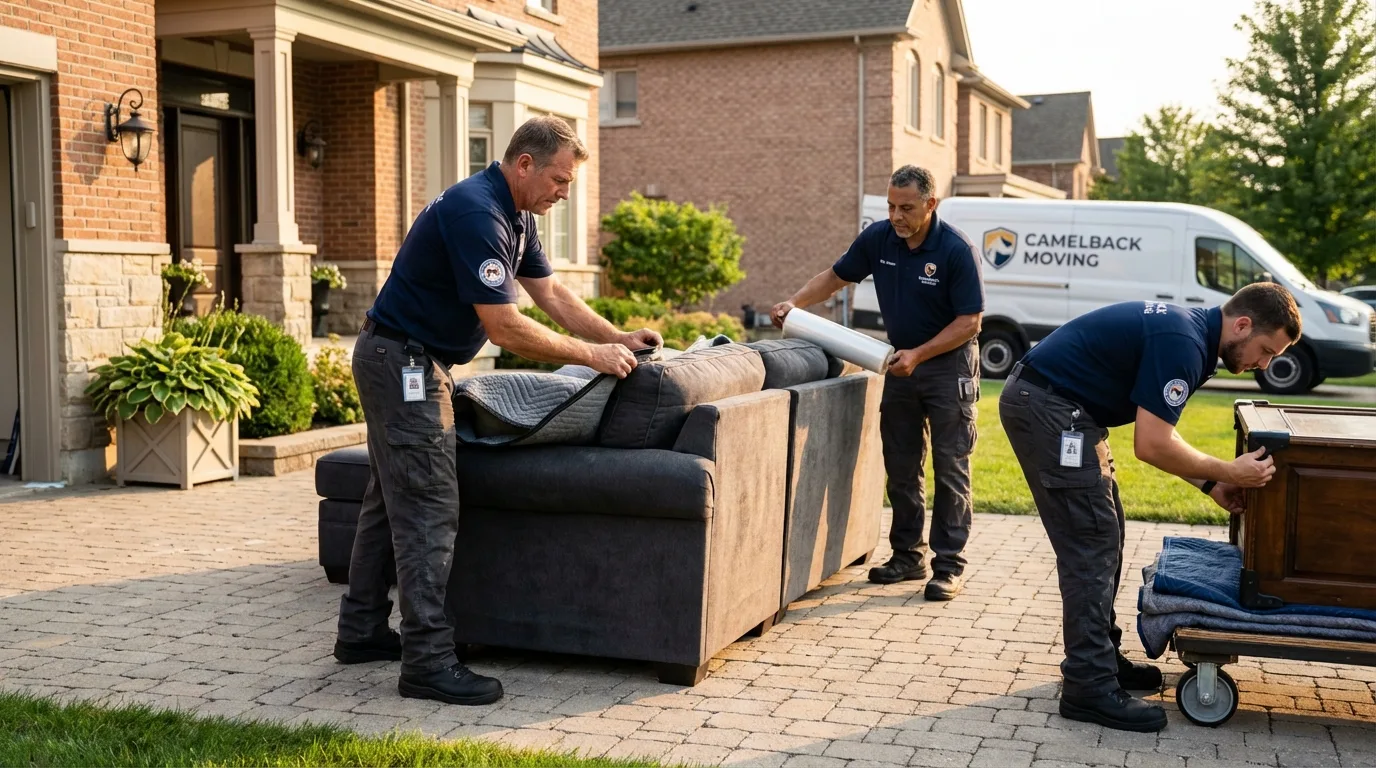 Large estate moving crew wrapping furniture in Mendon, MA