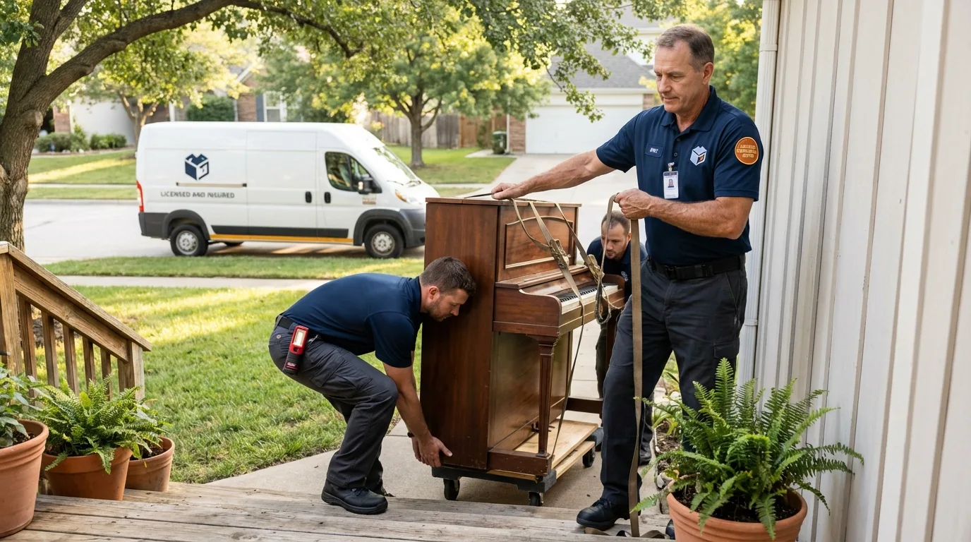 Licensed piano movers securing grand piano in Mendon, MA