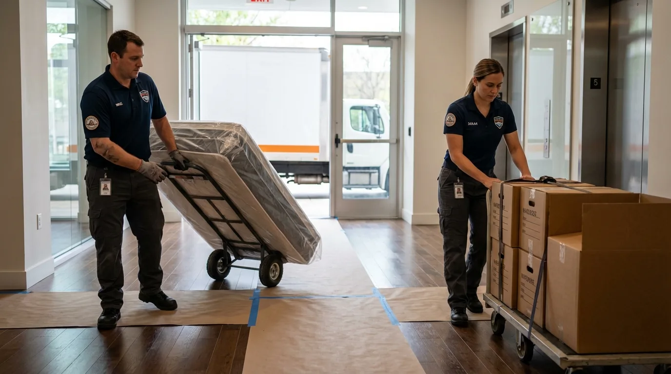 Professional apartment movers loading elevator in Mendon, MA