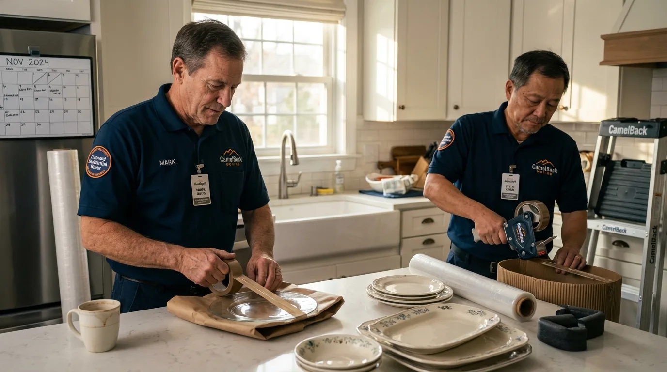 Professional crew packing kitchen dishware in Mendon, MA